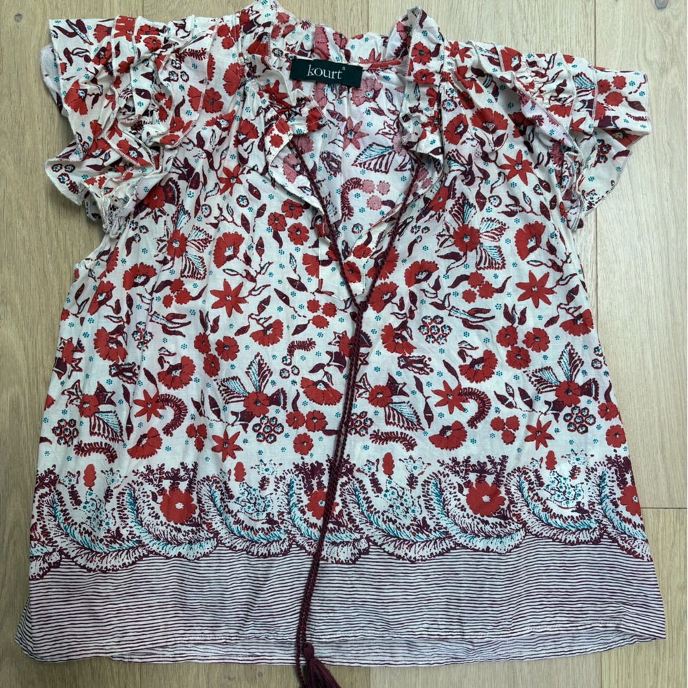 Kourt Red and White Floral Blouse with Tassle